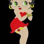 betty et sa robe rouge motif de broderie machine