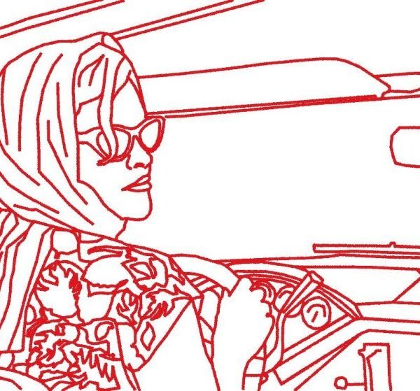 femme vintage en voiture motif de broderie machine