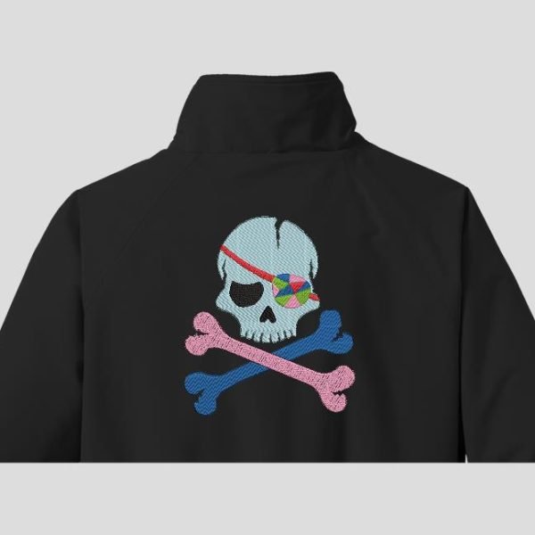 tête de mort pirate avec un cache œil multicolore Motif de broderie machine cadre 10 x 10/ 13 x 18 / 20 x 30 Formats des fichiers PES,CSD,EXP,HUS,SHV,VIP,XXX,DST,PCS,JEF,VP3,SEW… Téléchargement immédiat