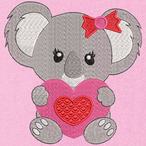 koala avec un cœur. Motif de broderie machine d’un mignon petit koala tenant dans ses pattes un cœur rouge et rose. cadre 10 x 10 /13 x 18 / 20 x 20 . Formats des fichiers PES,CSD,EXP,HUS,SHV,VIP,XXX,DST,PCS,JEF,VP3,EMB… Téléchargement immédiat après votre paiement.