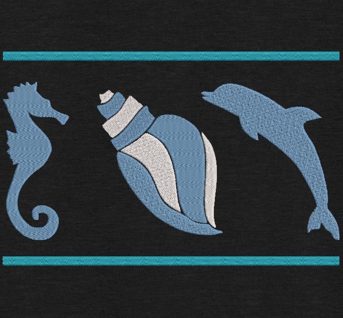 hippocampe coquillage et dauphin